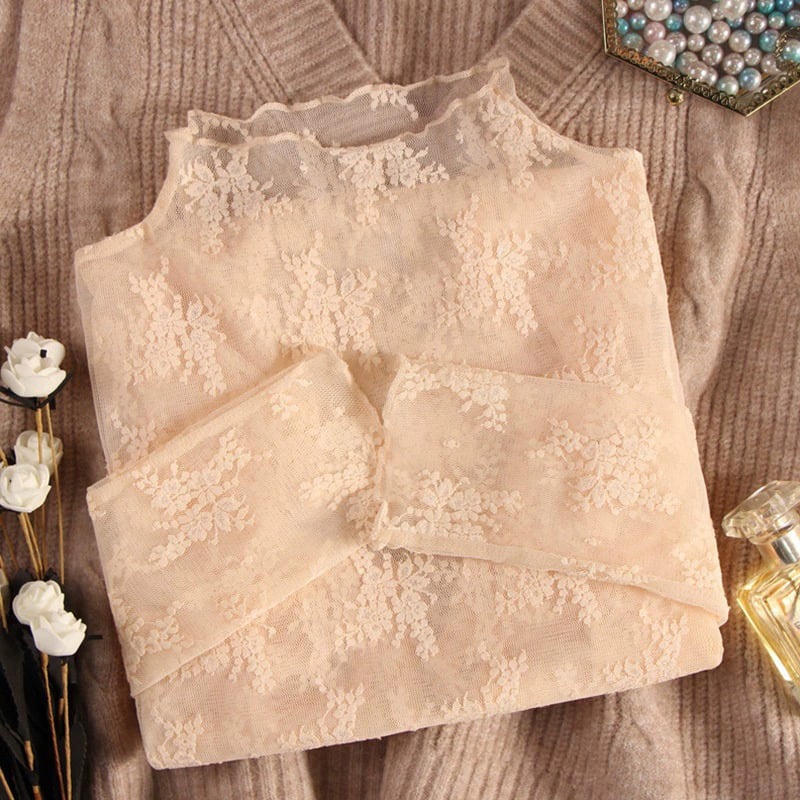 Top de catifea cu dantelă și plasă pentru femei, guler înalt, croială slim, lungime medie