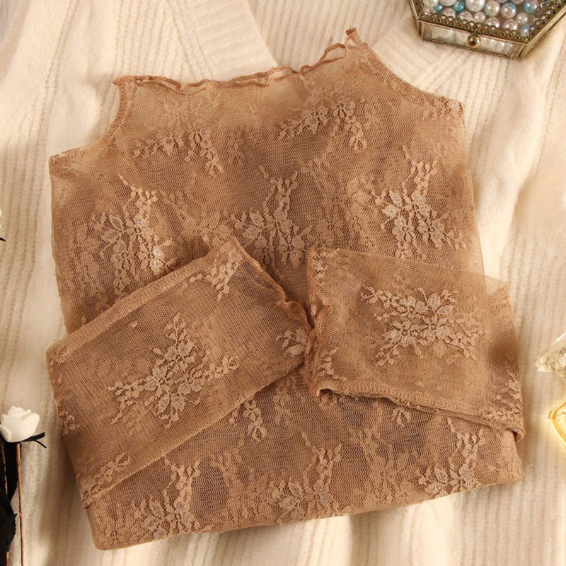 Top de catifea cu dantelă și plasă pentru femei, guler înalt, croială slim, lungime medie