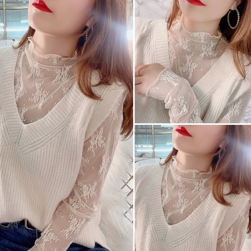 Top de catifea cu dantelă și plasă pentru femei, guler înalt, croială slim, lungime medie