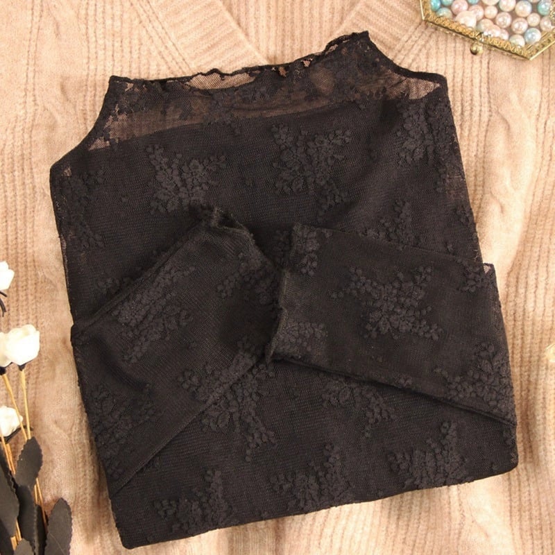 Top de catifea cu dantelă și plasă pentru femei, guler înalt, croială slim, lungime medie