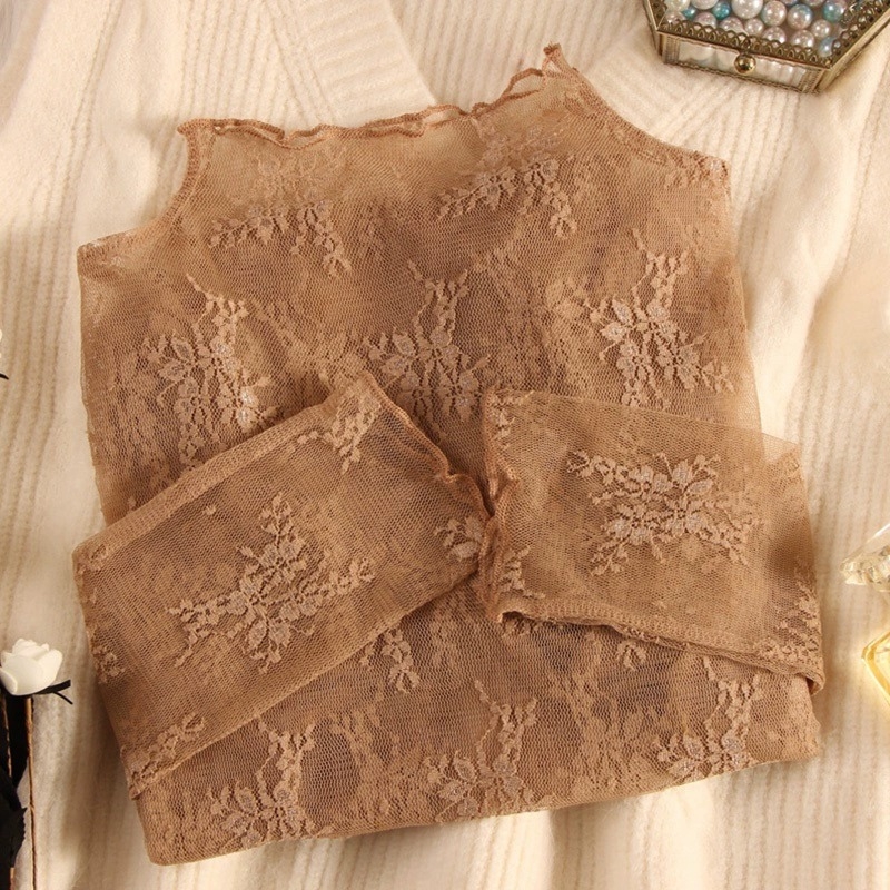 Top de catifea cu dantelă și plasă pentru femei, guler înalt, croială slim, lungime medie