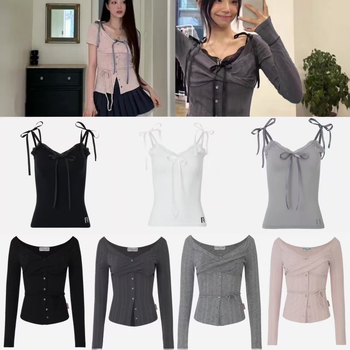 Κορεατικού στυλ μακρυμάνικος δαντελένιος καρντάγκαν τοπ, στενή γραμμή, βαμβάκι, U-λαιμός