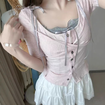 Κορεατικού στυλ μακρυμάνικος δαντελένιος καρντάγκαν τοπ, στενή γραμμή, βαμβάκι, U-λαιμός