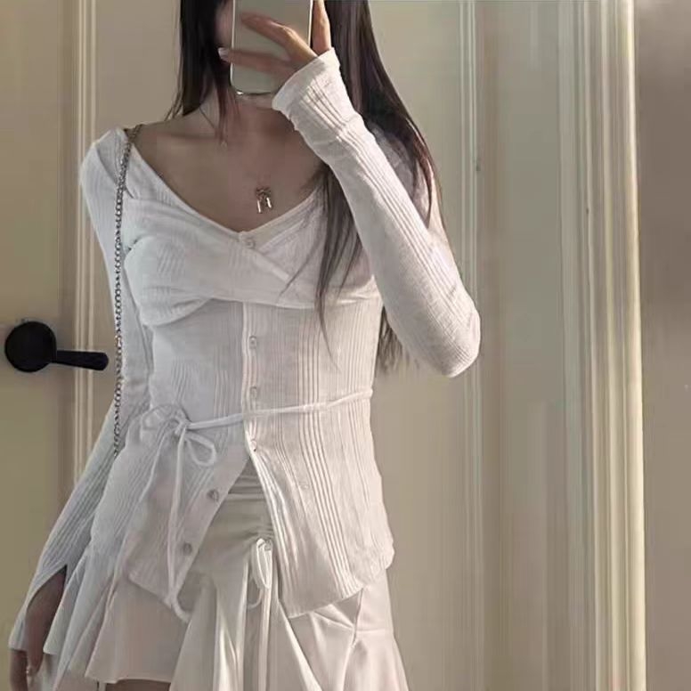 Κορεατικού στυλ μακρυμάνικος δαντελένιος καρντάγκαν τοπ, στενή γραμμή, βαμβάκι, U-λαιμός