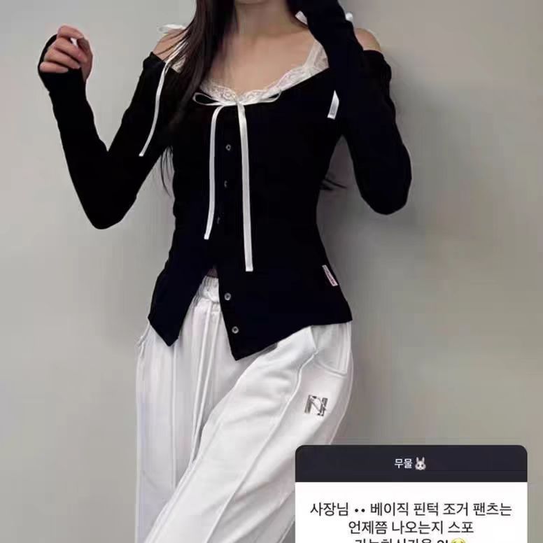 Κορεατικού στυλ μακρυμάνικος δαντελένιος καρντάγκαν τοπ, στενή γραμμή, βαμβάκι, U-λαιμός