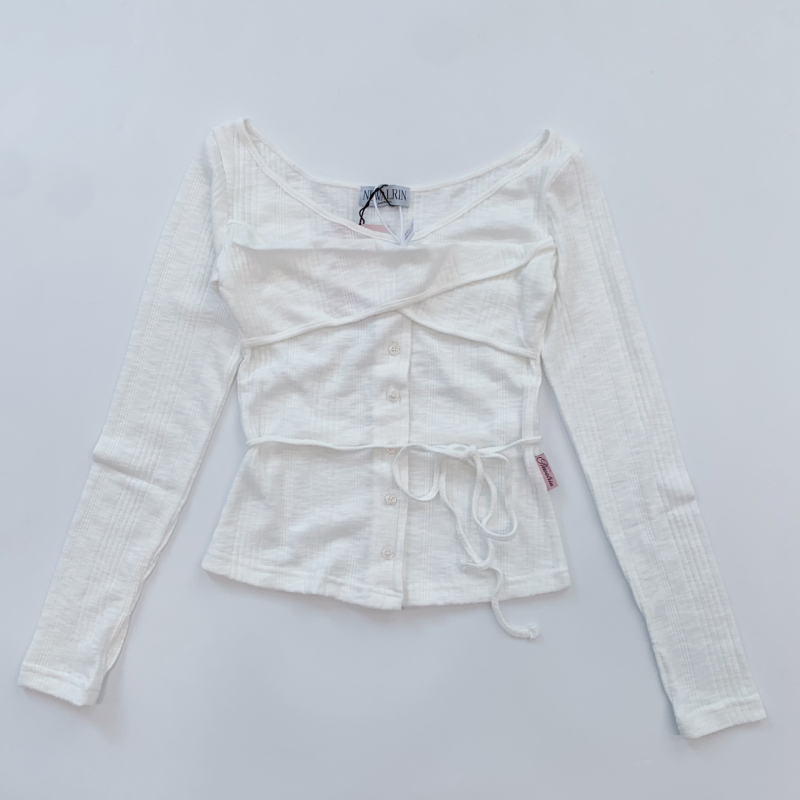 Κορεατικού στυλ μακρυμάνικος δαντελένιος καρντάγκαν τοπ, στενή γραμμή, βαμβάκι, U-λαιμός