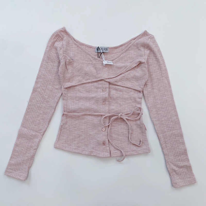 Κορεατικού στυλ μακρυμάνικος δαντελένιος καρντάγκαν τοπ, στενή γραμμή, βαμβάκι, U-λαιμός