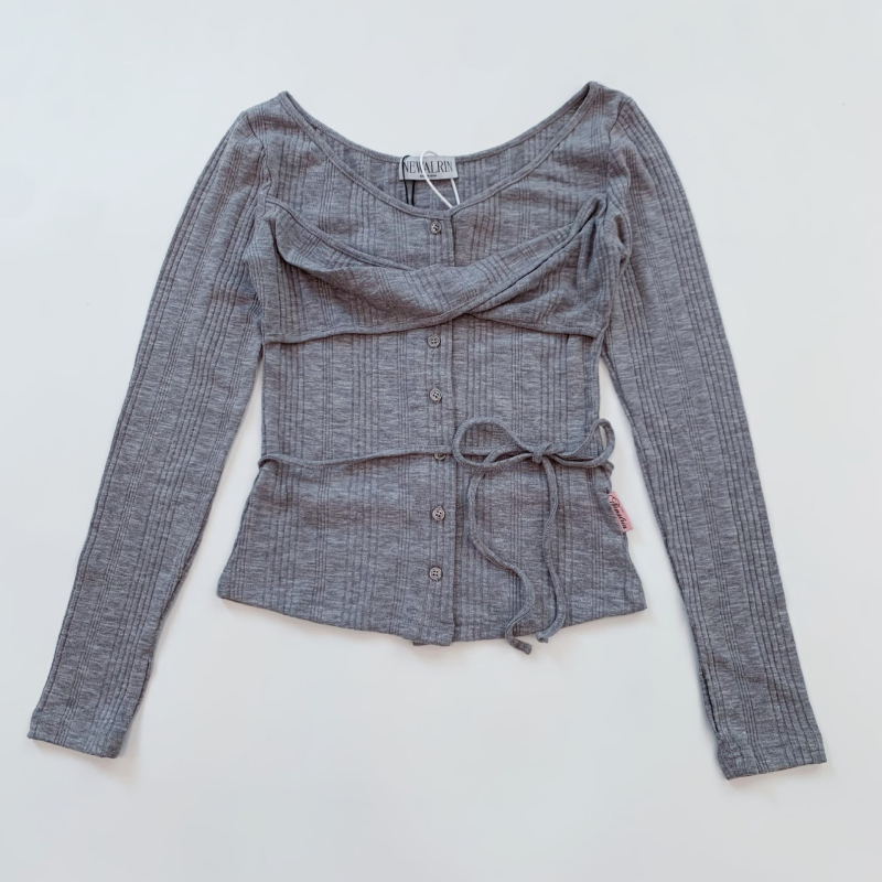 Κορεατικού στυλ μακρυμάνικος δαντελένιος καρντάγκαν τοπ, στενή γραμμή, βαμβάκι, U-λαιμός