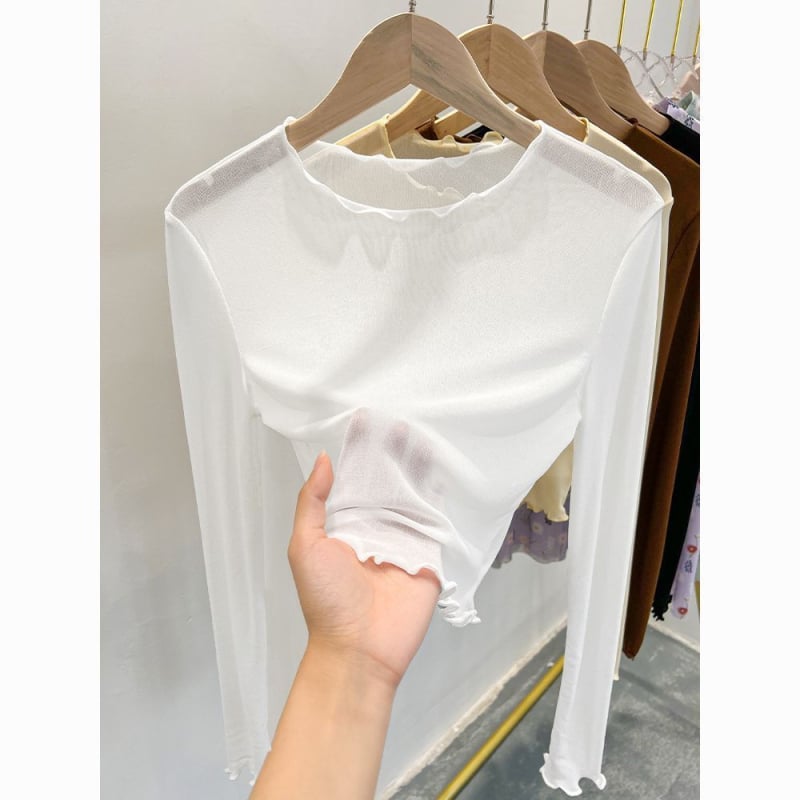Mrežasti top s okruglim izrezom i dugim rukavima u stilu princeze, pulover stil, spandeks do 30%