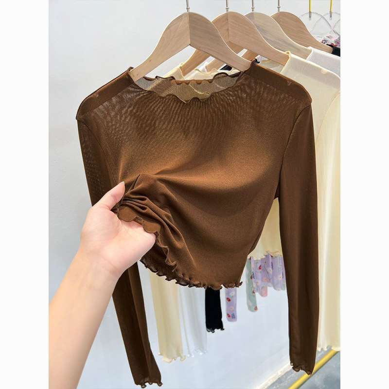 Mrežasti top s okruglim izrezom i dugim rukavima u stilu princeze, pulover stil, spandeks do 30%
