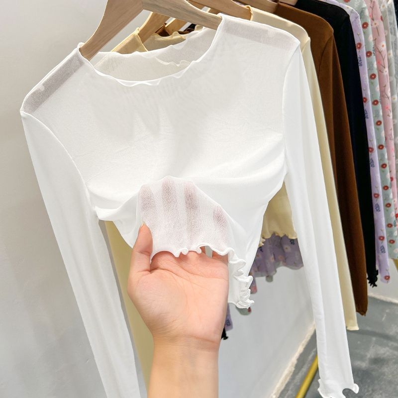 Mrežasti top s okruglim izrezom i dugim rukavima u stilu princeze, pulover stil, spandeks do 30%