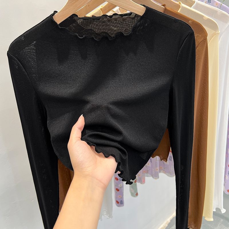 Mrežasti top s okruglim izrezom i dugim rukavima u stilu princeze, pulover stil, spandeks do 30%