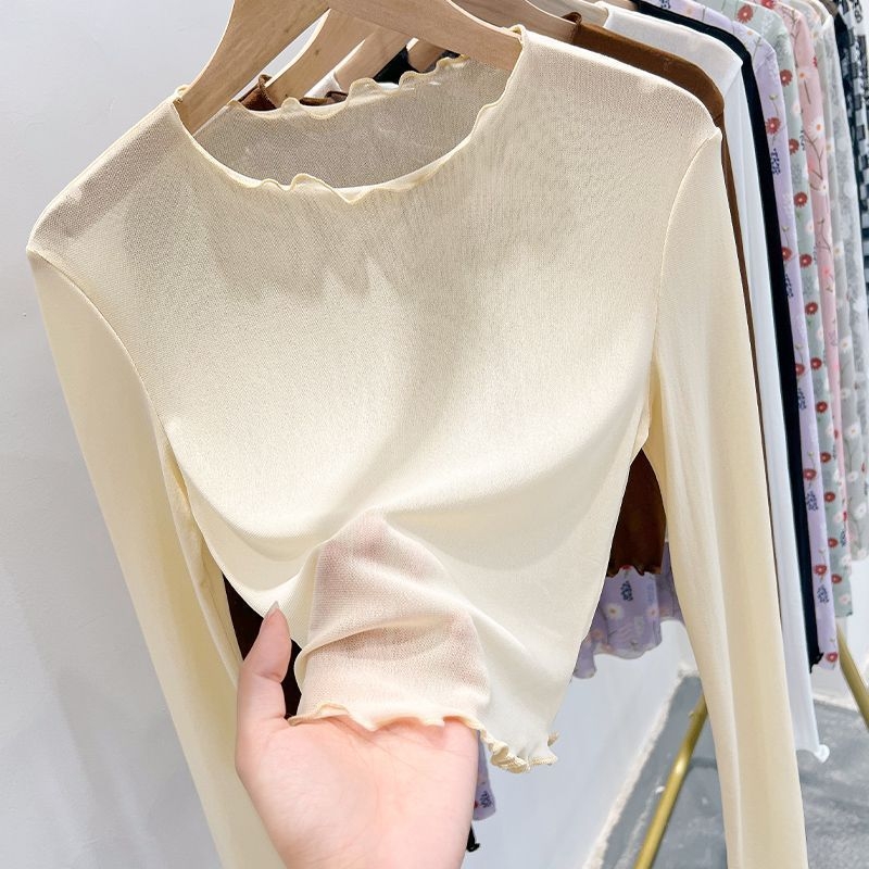 Mrežasti top s okruglim izrezom i dugim rukavima u stilu princeze, pulover stil, spandeks do 30%