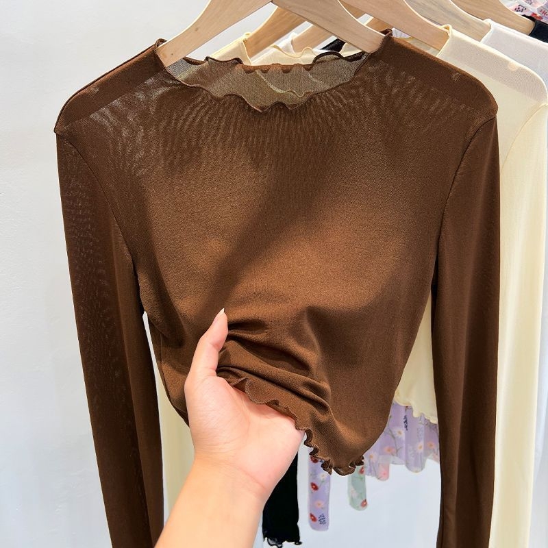 Mrežasti top s okruglim izrezom i dugim rukavima u stilu princeze, pulover stil, spandeks do 30%