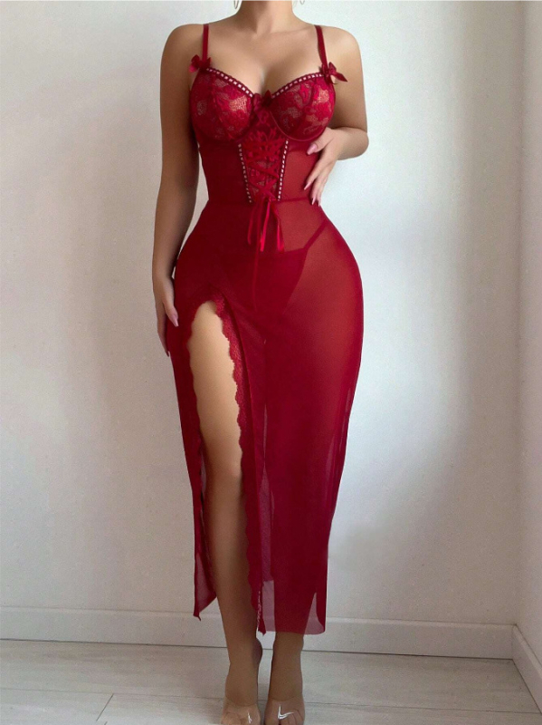 Salopetă de pijama din dantelă sexy cu plasă transparentă (Material: plasă; Compoziție principală: poliester 90–95%; Țesătură ultra-subțire 61–80 g/m2)