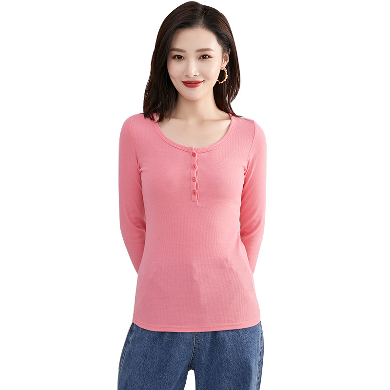 Γυναικεία βαμβακερή T‑shirt σε σλίμ φιτ με στρογγυλή λαιμόκοψη και μακριά μανίκια, μονόχρωμη, αστικός στυλ