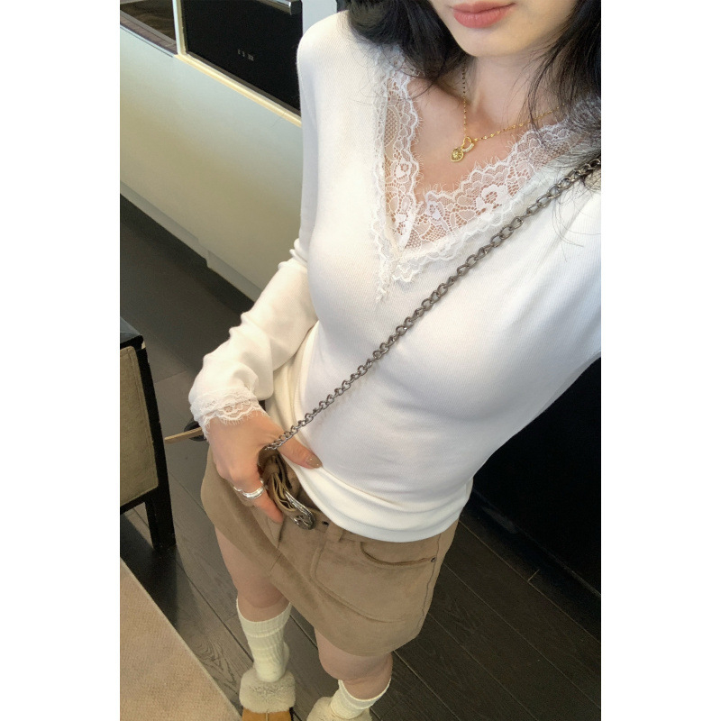 Μπλούζα T‑shirt, εφαρμοστή γραμμή, V‑λαιμό, μακριά μανίκια, πλεκτό ύφασμα, ύφασμα από ακρυλικό ινώδες και βισκόζη