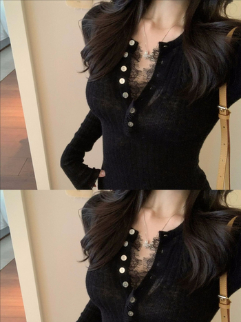 Lyocell πλεκτό T-shirt με δαντελένια άκρη τύπου eyelash, V-λαιμό, μακριά μανίκια, στενή γραμμή