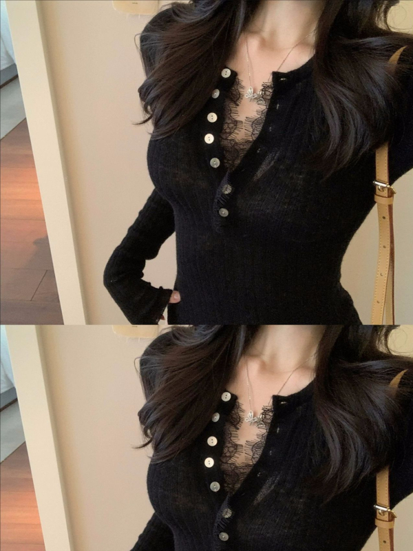 Lyocell πλεκτό T-shirt με δαντελένια άκρη τύπου eyelash, V-λαιμό, μακριά μανίκια, στενή γραμμή