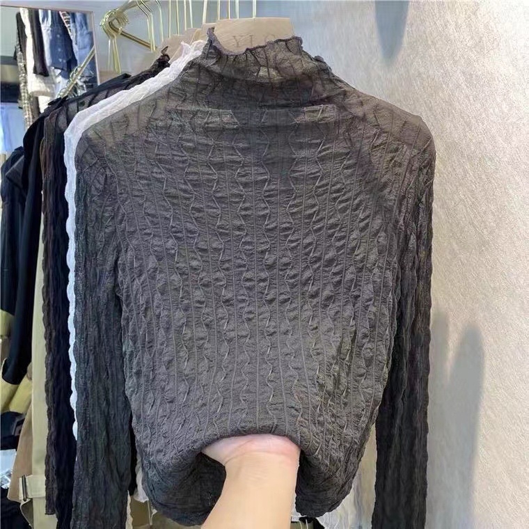 Ženski top s mrežnom čipkom, uski kroj, dugi rukavi, V-izrez, poliester