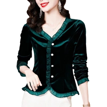 Μπλούζα T με ύφασμα Gold Velvet, V-λαιμό, μακριά μανίκια, στενή γραμμή, χωρίς σιδέρωμα