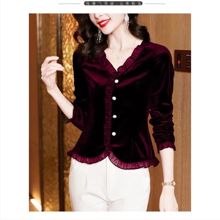 Μπλούζα T με ύφασμα Gold Velvet, V-λαιμό, μακριά μανίκια, στενή γραμμή, χωρίς σιδέρωμα