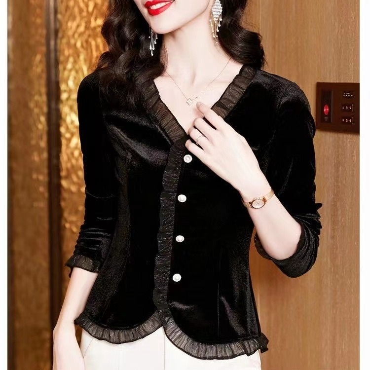 Μπλούζα T με ύφασμα Gold Velvet, V-λαιμό, μακριά μανίκια, στενή γραμμή, χωρίς σιδέρωμα