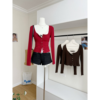 Senna 2025 Σετ πλεκτής ζακέτας με στρογγυλό λαιμό και μπλούζα με μακριά μανίκια, εφαρμοστή γραμμή, μονόχρωμο ύφασμα πολυεστέρα, αστικός στυλ, Φθινόπωρο 2025