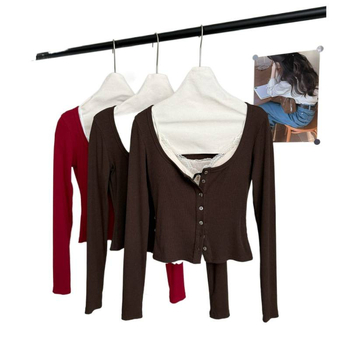 Senna 2025 Σετ πλεκτής ζακέτας με στρογγυλό λαιμό και μπλούζα με μακριά μανίκια, εφαρμοστή γραμμή, μονόχρωμο ύφασμα πολυεστέρα, αστικός στυλ, Φθινόπωρο 2025