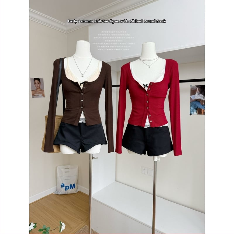 Senna 2025 Σετ πλεκτής ζακέτας με στρογγυλό λαιμό και μπλούζα με μακριά μανίκια, εφαρμοστή γραμμή, μονόχρωμο ύφασμα πολυεστέρα, αστικός στυλ, Φθινόπωρο 2025