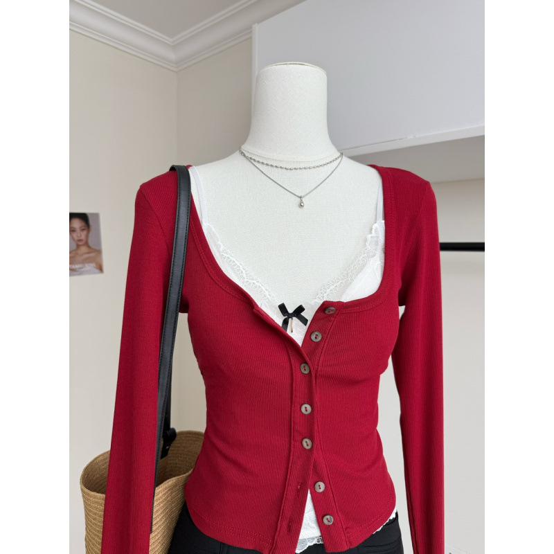 Senna 2025 Σετ πλεκτής ζακέτας με στρογγυλό λαιμό και μπλούζα με μακριά μανίκια, εφαρμοστή γραμμή, μονόχρωμο ύφασμα πολυεστέρα, αστικός στυλ, Φθινόπωρο 2025