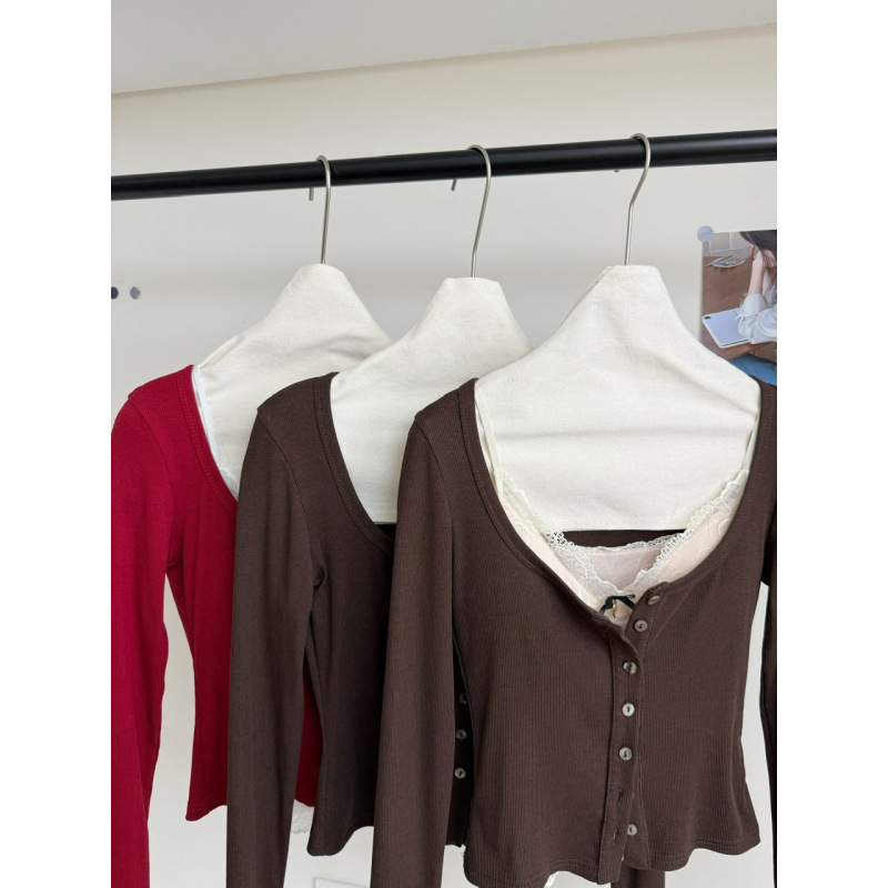 Senna 2025 Σετ πλεκτής ζακέτας με στρογγυλό λαιμό και μπλούζα με μακριά μανίκια, εφαρμοστή γραμμή, μονόχρωμο ύφασμα πολυεστέρα, αστικός στυλ, Φθινόπωρο 2025