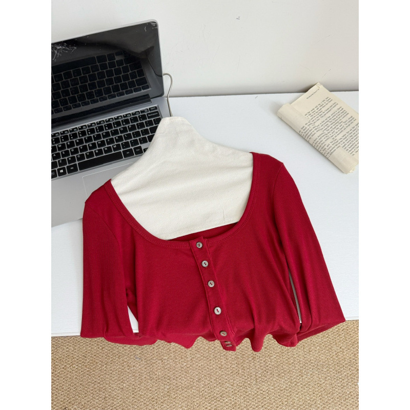 Senna 2025 Σετ πλεκτής ζακέτας με στρογγυλό λαιμό και μπλούζα με μακριά μανίκια, εφαρμοστή γραμμή, μονόχρωμο ύφασμα πολυεστέρα, αστικός στυλ, Φθινόπωρο 2025