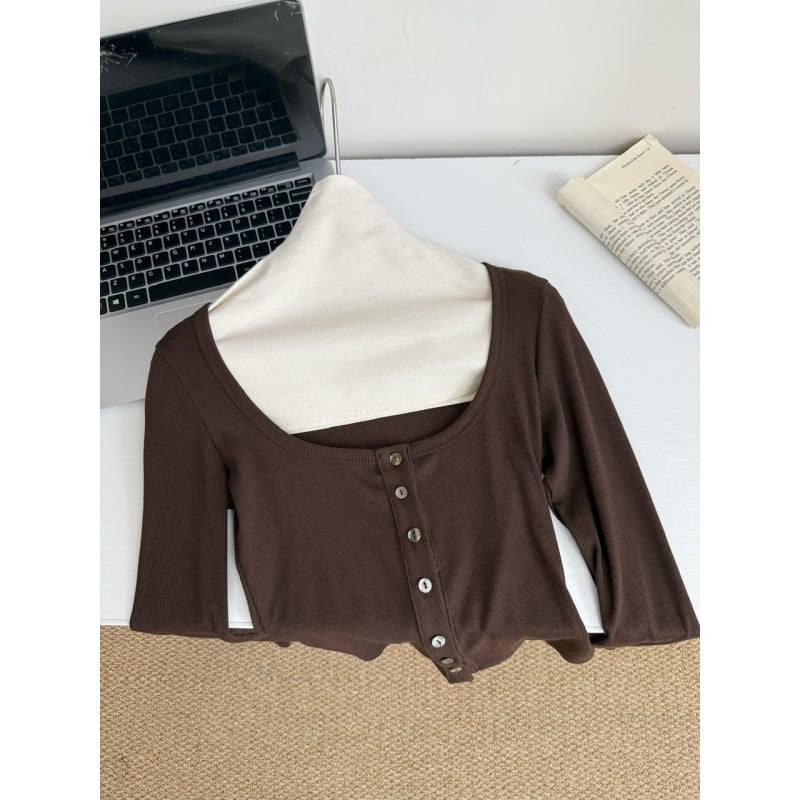 Senna 2025 Σετ πλεκτής ζακέτας με στρογγυλό λαιμό και μπλούζα με μακριά μανίκια, εφαρμοστή γραμμή, μονόχρωμο ύφασμα πολυεστέρα, αστικός στυλ, Φθινόπωρο 2025