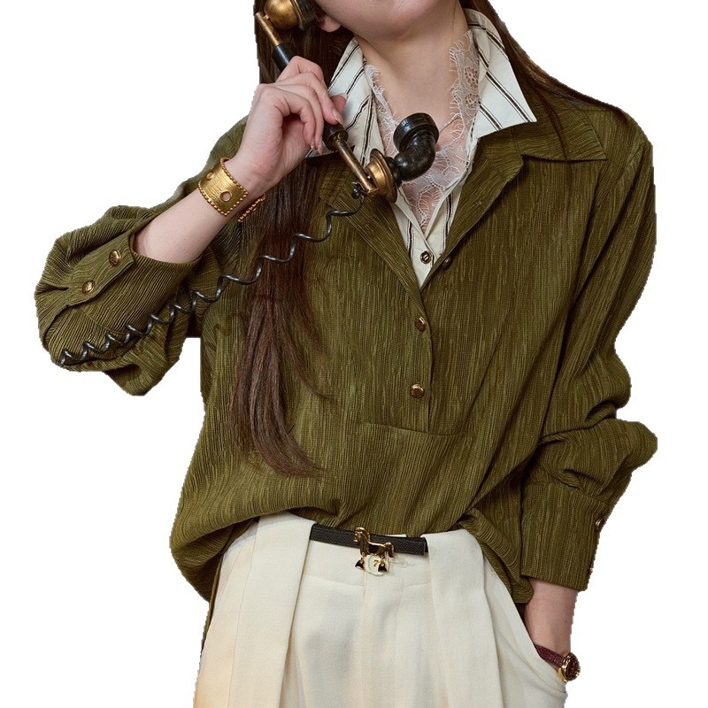 Πουκάμισο πολυεστέρα, στυλ καρντιγκάν/γραφείου, μακριά μανίκια, γιακάς πόλο, χαλαρή γραμμή, κλείσιμο με αγκράφες σε μία σειρά