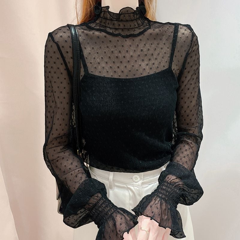 Μπλουζάκι με ημι-ύψωτη λαιμόκοψη, ύφασμα βισκόζη, κέντημα, μανίκια σε στυλ πριγκίπισσας, άνοιξη 2025