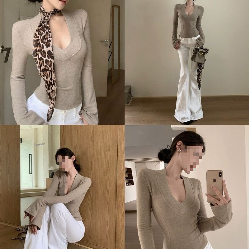 Top s plus veličinom, V-izrez, debeli fleece, dugi rukav, uski kroj, gradski stil za proljeće i zimu