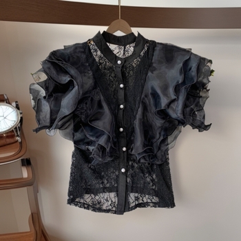 Γυναικείο πουκάμισο από σπαντέξ με σταθερό γιακά, 3D εφέ, κοντό μήκος 40–50 εκ., κομψό στιλ μετακίνησης