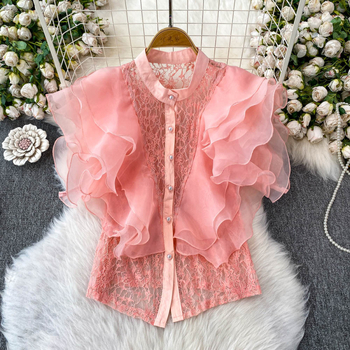 Γυναικείο πουκάμισο από σπαντέξ με σταθερό γιακά, 3D εφέ, κοντό μήκος 40–50 εκ., κομψό στιλ μετακίνησης