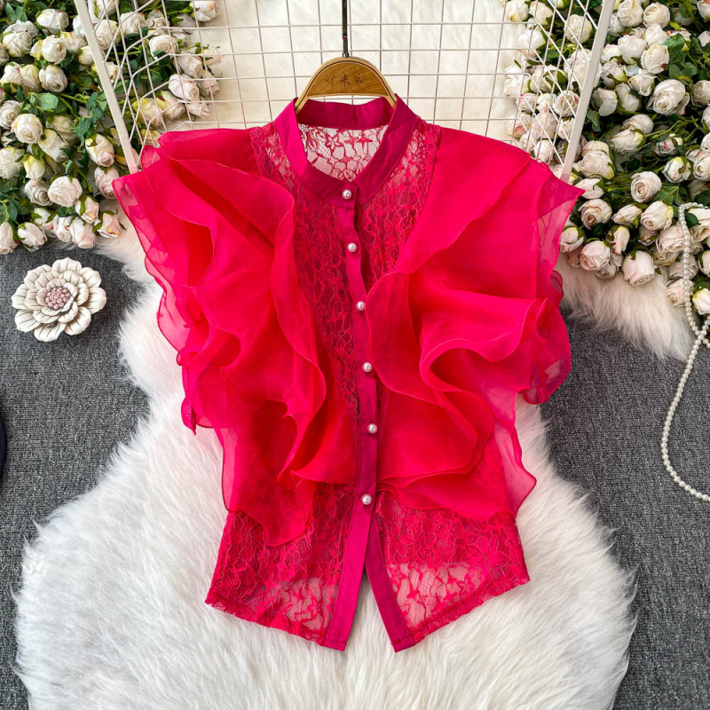 Γυναικείο πουκάμισο από σπαντέξ με σταθερό γιακά, 3D εφέ, κοντό μήκος 40–50 εκ., κομψό στιλ μετακίνησης