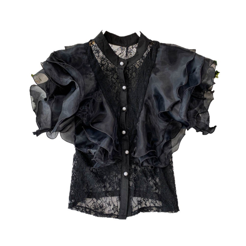 Γυναικείο πουκάμισο από σπαντέξ με σταθερό γιακά, 3D εφέ, κοντό μήκος 40–50 εκ., κομψό στιλ μετακίνησης