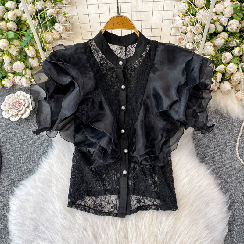 Γυναικείο πουκάμισο από σπαντέξ με σταθερό γιακά, 3D εφέ, κοντό μήκος 40–50 εκ., κομψό στιλ μετακίνησης