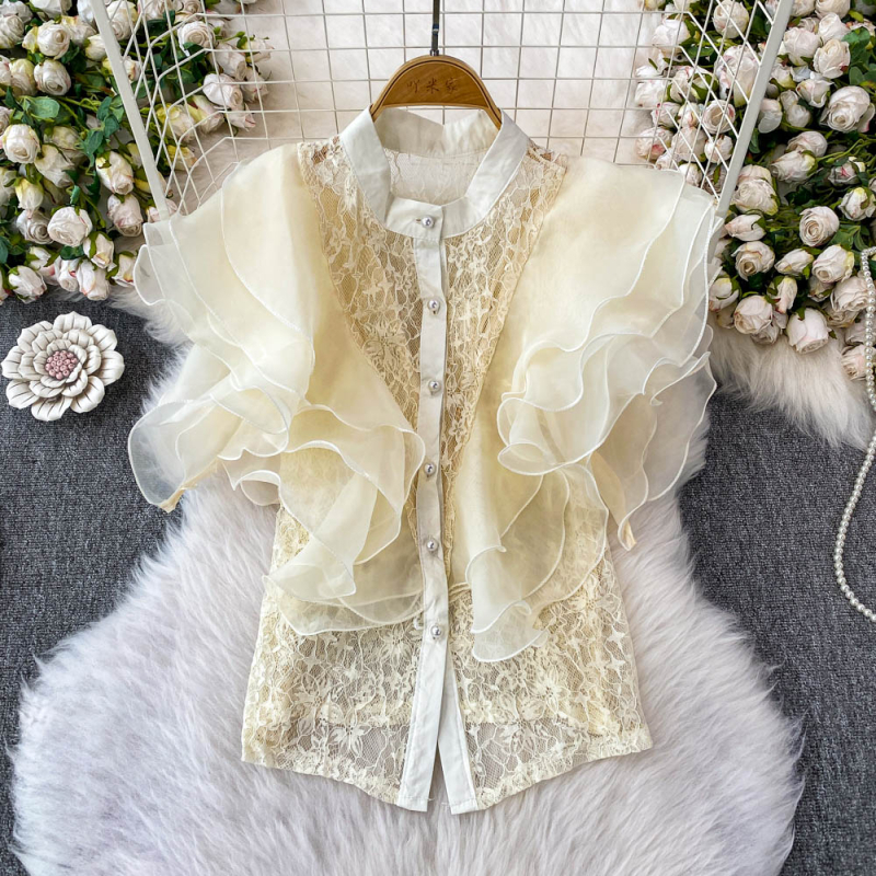 Γυναικείο πουκάμισο από σπαντέξ με σταθερό γιακά, 3D εφέ, κοντό μήκος 40–50 εκ., κομψό στιλ μετακίνησης