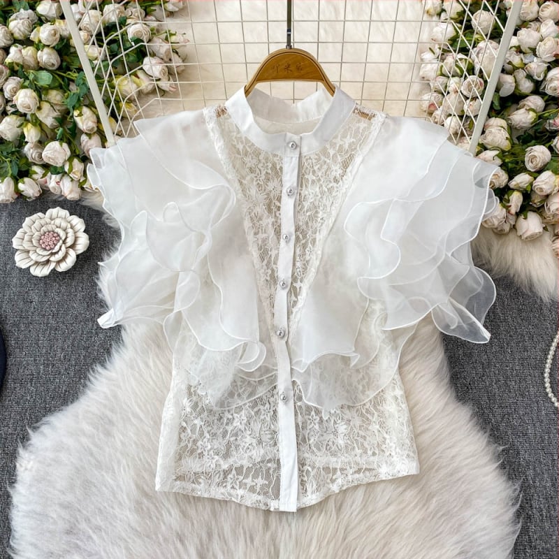 Γυναικείο πουκάμισο από σπαντέξ με σταθερό γιακά, 3D εφέ, κοντό μήκος 40–50 εκ., κομψό στιλ μετακίνησης