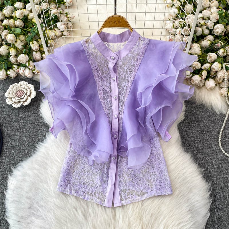 Γυναικείο πουκάμισο από σπαντέξ με σταθερό γιακά, 3D εφέ, κοντό μήκος 40–50 εκ., κομψό στιλ μετακίνησης