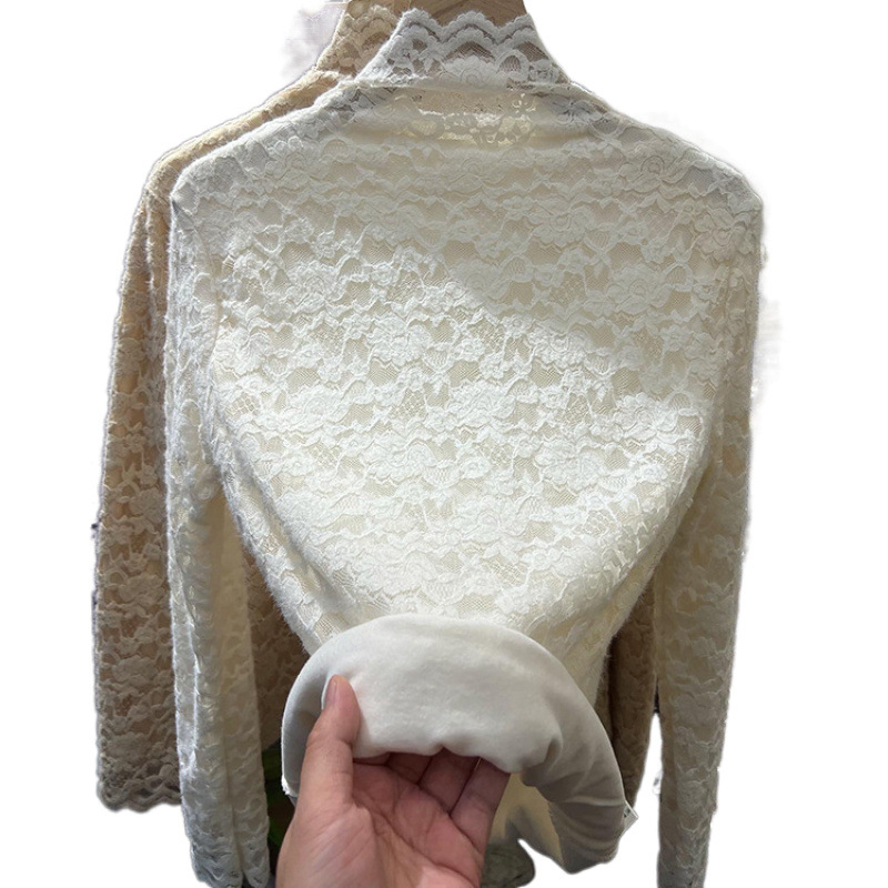 Γυναικείο τοπ με φλίς επένδυση, μακριά μανίκια, γιακά mock neck, φλοκ δαντέλα, νάιλον ύφασμα