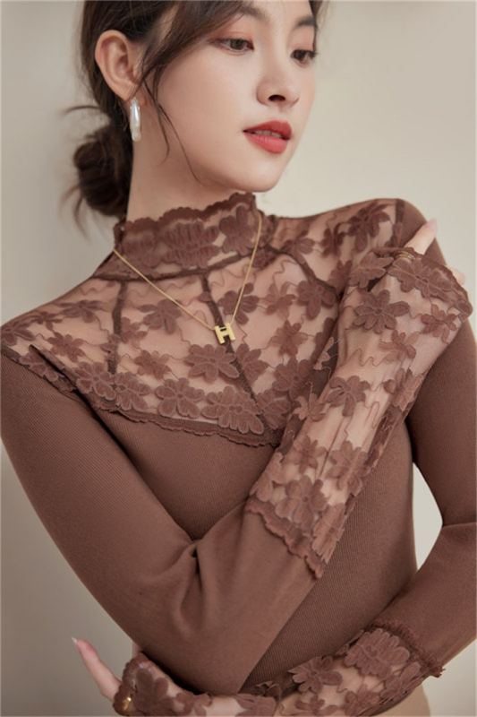 Ženski viskozni pleteni top s čipkom i patchwork dizajnom, polovični visok ovratnik, dugi rukavi, pulover stil