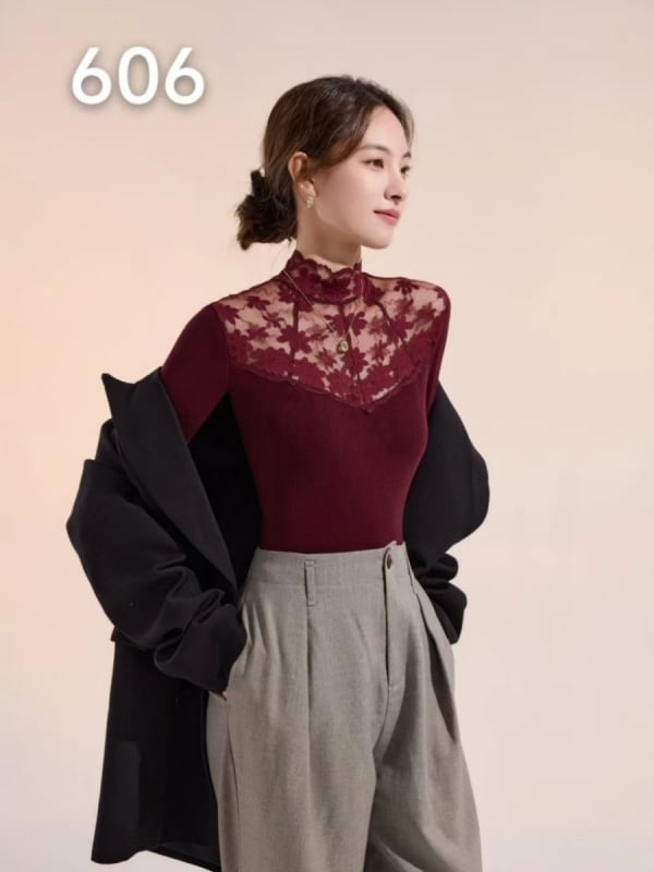 Ženski viskozni pleteni top s čipkom i patchwork dizajnom, polovični visok ovratnik, dugi rukavi, pulover stil