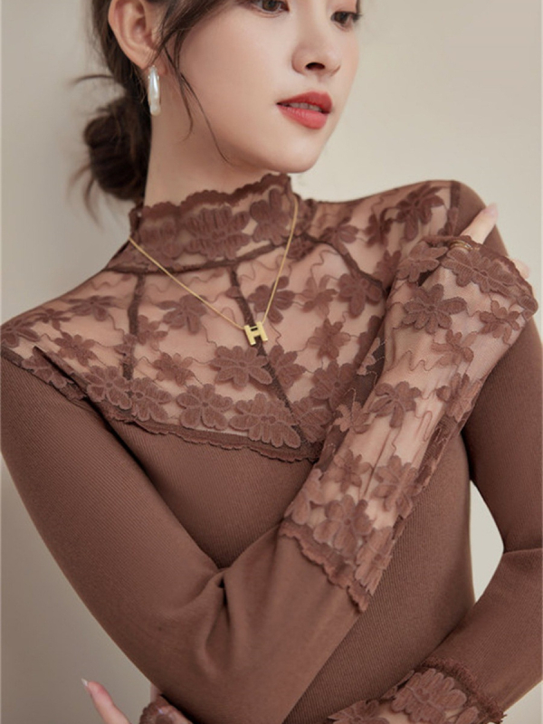 Ženski viskozni pleteni top s čipkom i patchwork dizajnom, polovični visok ovratnik, dugi rukavi, pulover stil