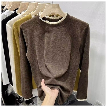 Γυναικεία κοντομάνικη μπλούζα από μίγμα πολυεστέρα-βαμβακιού, μονόχρωμο σχέδιο, στενή γραμμή, μακριά μανίκια, λαιμός με μισό-ύψος